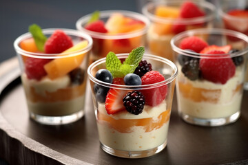 Dessert with fruit and cream, desserts with fruit in cups - obrazy, fototapety, plakaty
