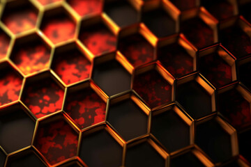  Abstract background formed from golde hexagons , Glass red Pattern, Geometric Crystals, Abstract fire .