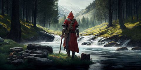 Medieval fairytale warrior on the bank of a forest stream, view from the back. Generative AI