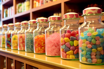 Candy shop, inside a candy shop with mixed colorful candy in jars on the shelves
