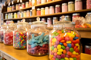 Fototapeta na wymiar Sweet shop, inside a sweet shop with sweets in jars on the shelves