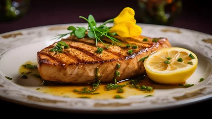 Gordijnen Grilled swordfish steak, gourmet fine dining grilled swordfish steak © HY