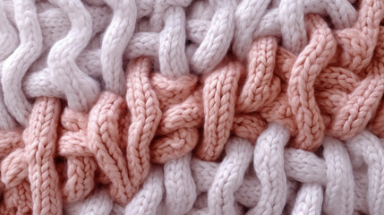 Knitted fabric surface, cozy knitted white and pink wool texture background