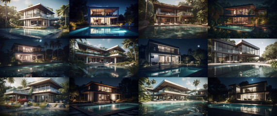 Set of beautiful modern house exterior design backgrounds AI generated