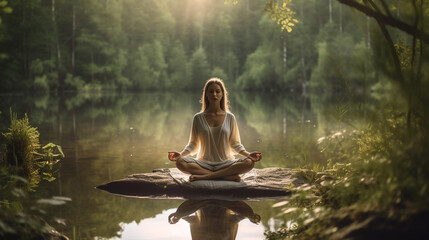 Female Yoga instructor meditating infront of a forest and river, peaceful yoga in the woods