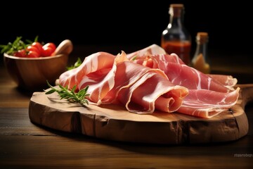 Prosciutto slices with figs on a dark wooden board.appetizer ,from dry ,cured ham, rustic style,..Prosciutto slices with figs on a dark wooden. Generative AI illustration.