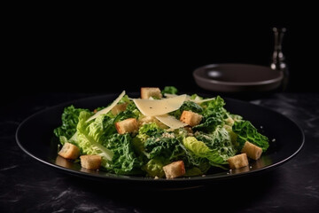 Delicious caesar salad on a plate in a cafe. Generative AI.