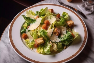 Delicious caesar salad on a plate in a cafe. Generative AI.