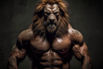 Fototapeta na wymiar A lion with a muscular mens body. Generative AI.