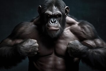 A chimpanzee with a muscular mens body. Generative AI.