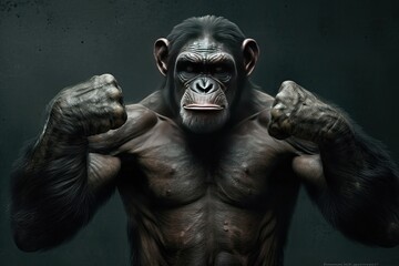 Fototapeta na wymiar A chimpanzee with a muscular mens body. Generative AI.