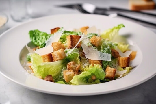 Delicious caesar salad on a plate in a cafe. Generative AI.