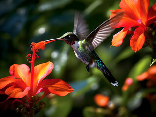 a hummingbird flying near a flower, in the air with its wings spread out and its wings spread wide open, with a blurry background of red flowers in the foreground. generative ai