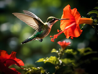 a hummingbird flying near a flower, in the air with its wings spread out and its wings spread wide open, with a blurry background of red flowers in the foreground. generative ai