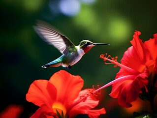 Fototapeta na wymiar a hummingbird flying near a flower, in the air with its wings spread out and its wings spread wide open, with a blurry background of red flowers in the foreground. generative ai