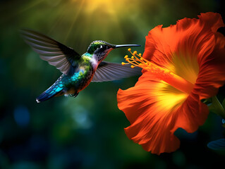 a hummingbird flying near a flower, in the air with its wings spread out and its wings spread wide open, with a blurry background of red flowers in the foreground. generative ai