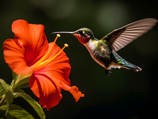a hummingbird flying near a flower, in the air with its wings spread out and its wings spread wide open, with a blurry background of red flowers in the foreground. generative ai