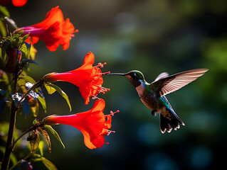 a hummingbird flying near a flower, in the air with its wings spread out and its wings spread wide open, with a blurry background of red flowers in the foreground. generative ai