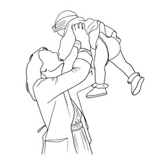 Mother lifting up her baby outline vector illustration. Mom with baby having fun, joyful young mom , enjoying parenthood line art.