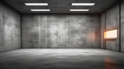 An empty room with concrete walls and a window. Generative AI.