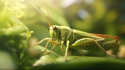 Fototapeta premium A close up image of green locust on leaf at morning