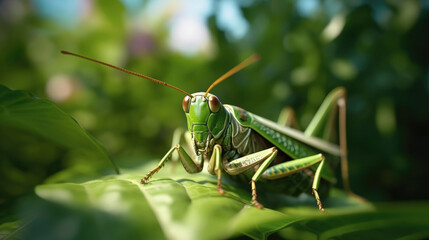 Fototapeta premium A close up image of green locust on leaf at morning