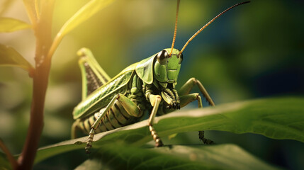 Fototapeta premium A close up image of green locust on leaf at morning