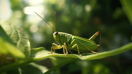 Fototapeta premium A close up image of green locust on leaf at morning