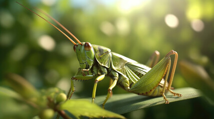 A close up image of green locust on leaf at morning