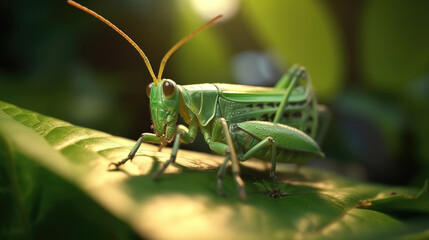 A close up image of green locust on leaf at morning