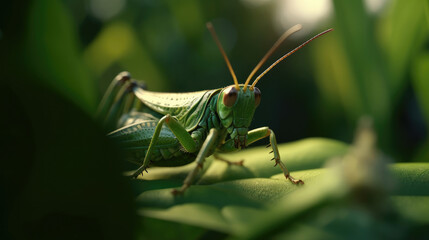 Fototapeta premium A close up image of green locust on leaf at morning