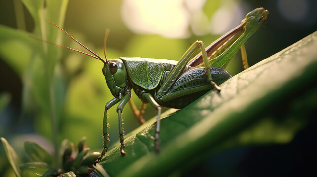 A close up image of green locust on leaf at morning