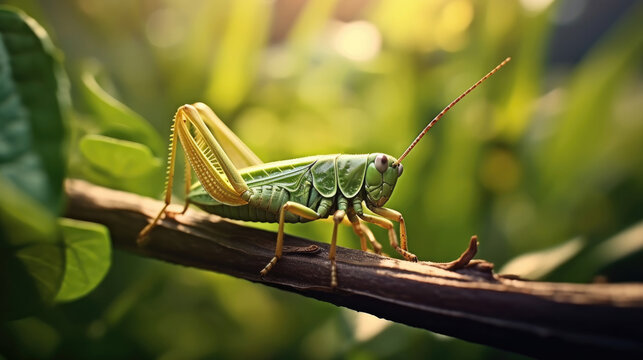 A close up image of green locust on leaf at morning