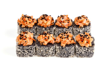 baked roll with shrimp black rice and black sesame on white background for restaurant menu