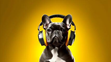 The character of a stylish French bulldog wearing headphones listens to music

