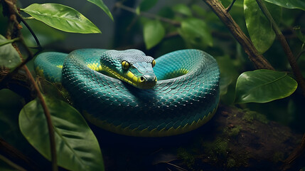 Green snake in the forest - Closeup - obrazy, fototapety, plakaty