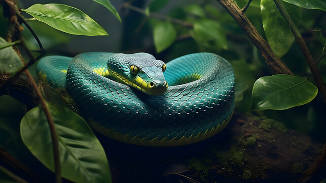 Green snake in the forest - Closeup