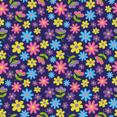 Flat design . Flower seamless on blue background illustration. Pretty floral pattern for print. . Floral background.