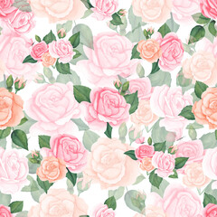 watercolor seamless pattern with pink peach pastel roses and leaves. Floral illustration for wrapping paper, textile, print, fabric