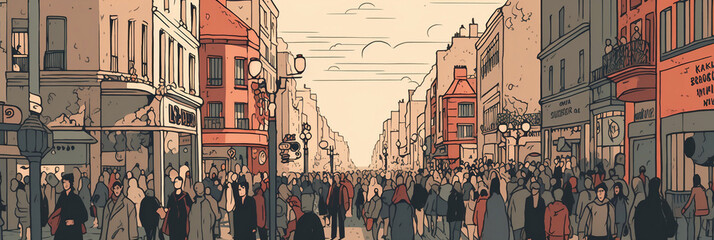 illustration of crowd of anonymous people walking on busy city street, Generative AI