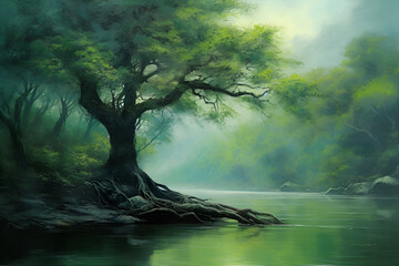 Green natural landscape. Picture of river, the forest with a big tree foreground