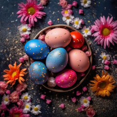 Obraz na płótnie Canvas Vividly decorated Easter eggs adorned with elaborate floral patterns. A joyous celebration of spring and tradition. Created with the help of generative AI.
