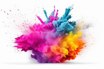Fototapeta na wymiar A mesmerizing display of multicolored holi powder paint exploding in a burst of abstract rainbow hues. Isolated on a white background. Generated with AI.