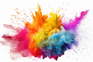 A mesmerizing display of multicolored holi powder paint exploding in a burst of abstract rainbow hues. Isolated on a white background. Generated with AI.