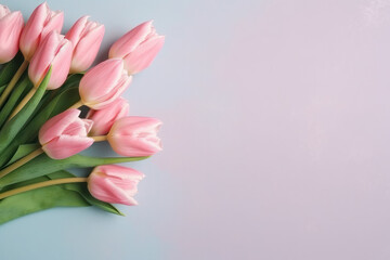 Bright and captivating spring tulip flowers arranged in a flat lay style on a pink background. Ideal for Spring Sale banners or conveying warm wishes on Women's or Mother's Day. Generated with AI.