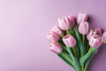 Gorgeous spring tulip flowers elegantly displayed in a flat lay style on a pink background. A delightful choice for Spring Sale banners or greetings on Women's or Mother's Day. generative AI.