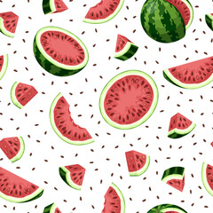 Seamless pattern of watermelon slices and seeds on white background.