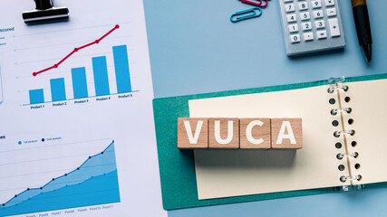 There is wood cube with the word VUCA. It is an abbreviation for Volatility, Uncertainty,...