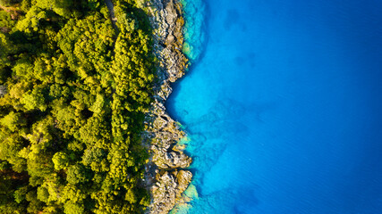 View from the air on the waves and rocks. Sea relaxation and travel. The forest near the sea. Azure water on the sea. A bright sunny day during a summer vacation.
