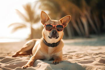 dog wearing sunglasses laying on a beach, AI generated content